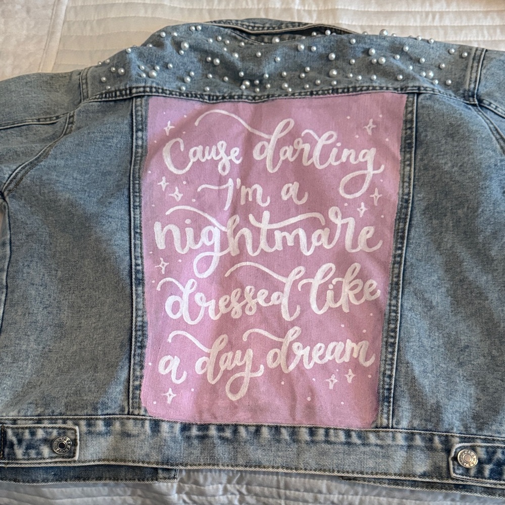 Taylor Swift - Girls Denim Jacket with Pink Graphic and Pearl Accents